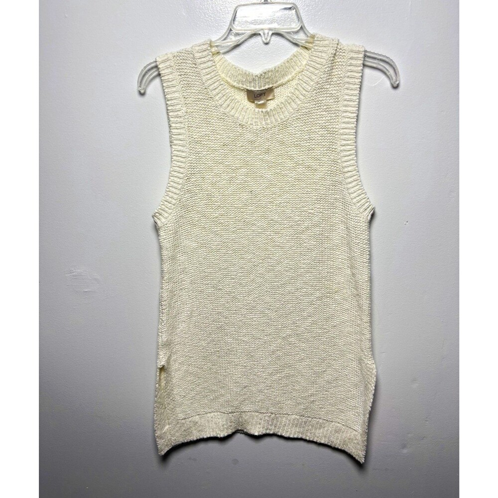 LOFT Women’s M Ivory Solid Knit Sweater Vest Sleeveless Crew Neck Cotton